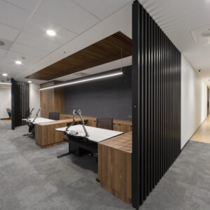 transition between suspended grid and tile ceiling to set white plasterboard ceiling. black full height baffles and grey carpet tiles transitioning to vinyl timber flooring, walnut timber joinery around two desks.
