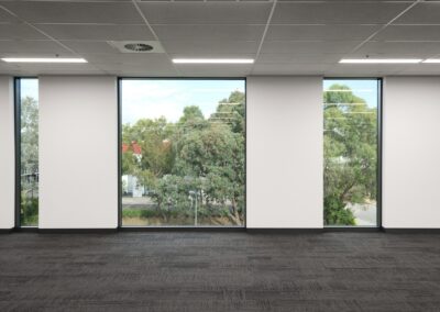 Looking out of an empty office space to the bushland outside.