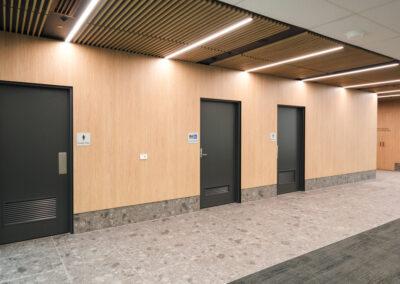 An office lobby space with bathrooms.