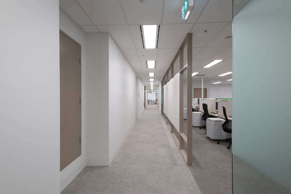 An open corridor in an office with an acoustic ceiling, created with NCS Pinnacle ceiling tiles.